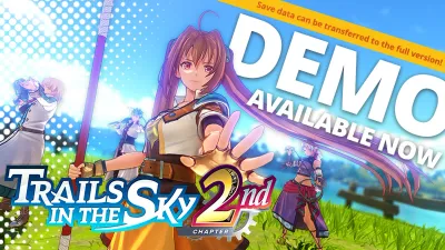 Official demo promo art with a DEMO AVAILABLE NOW banner and Estelle and Scherazard in front of the 2nd Chapter logo