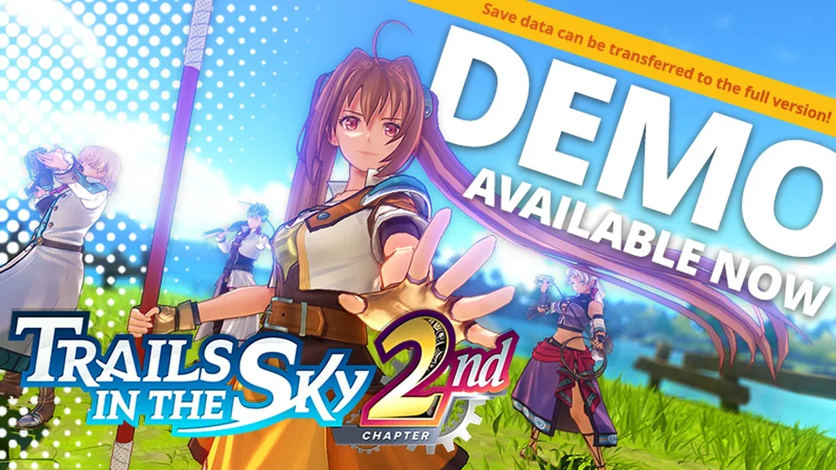 Official demo promo art with a DEMO AVAILABLE NOW banner and Estelle and Scherazard in front of the 2nd Chapter logo