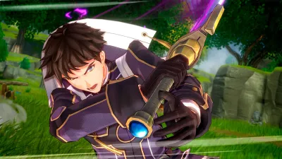Official gameplay screenshot of a dark-haired swordswoman mid-attack with a heavy blade in a green field