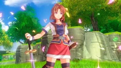 Official screenshot of Estelle holding her staff on a grassy slope with a stone bridge and lake behind her
