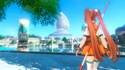 Official store screenshot of Estelle in a sunlit Liberl city plaza with an orbal tower behind her