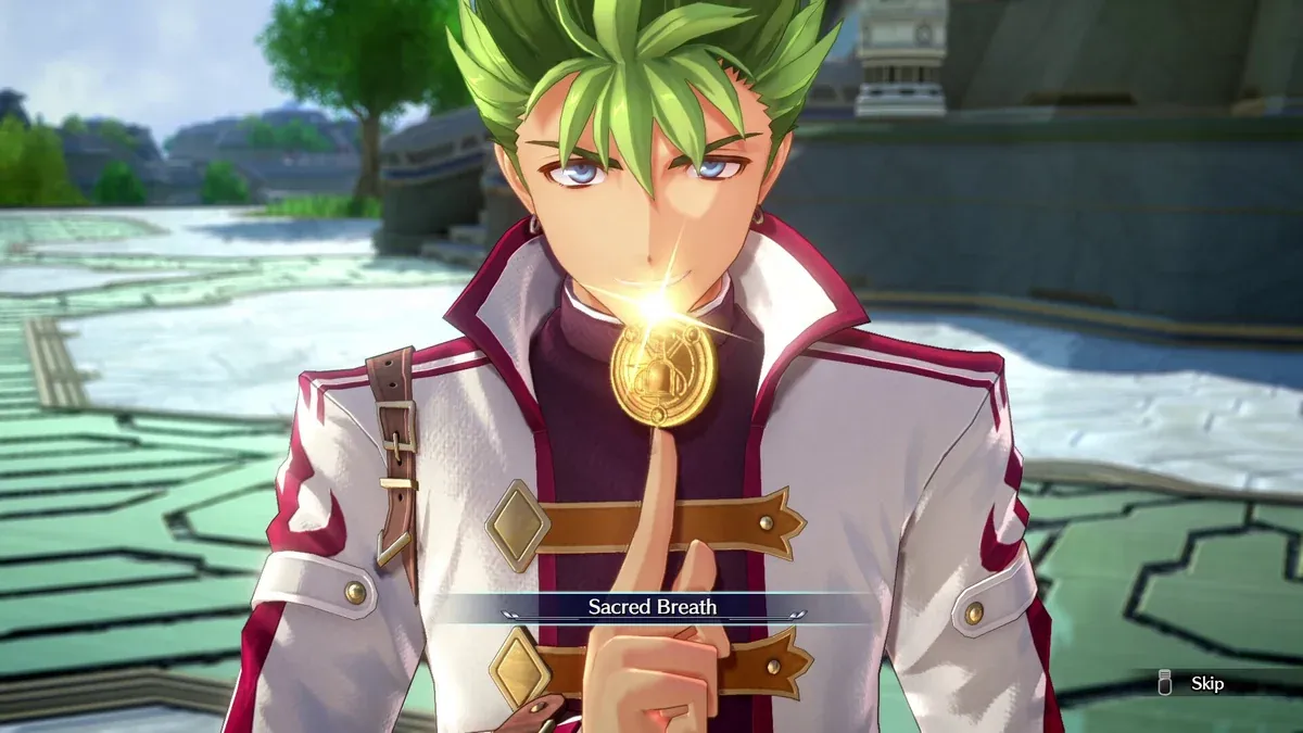 Official remake screenshot of a green-haired man in a white and red coat inside an orbal facility, with a Sacred Trust craft banner