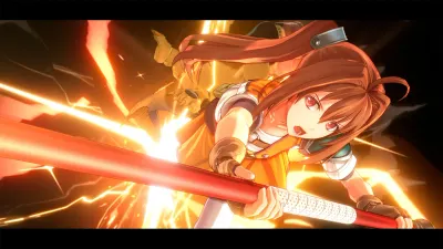 Official screenshot of Estelle unleashing a fire S-Craft with a dramatic close-up of her expression